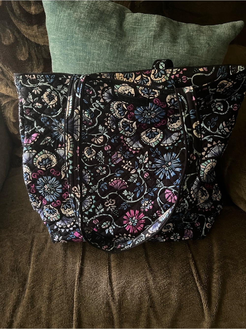 Vera Bradley Quilted Floral Tote Bag in Black with Multicolor Flowers